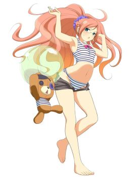 1girl adjusting_hair armpits ball barefoot beachball bikini bikini_under_clothes blue_eyes blush braid breasts button_eyes buttons crown_braid diamond_mouth glasses hair_ornament hair_scrunchie kumapooh_(senran_kagura) linea_alba long_hair navel orange_hair ponytail purple_scrunchie ranmaru_(senran_kagura) scrunchie senran_kagura senran_kagura_new_wave short_shorts shorts simple_background small_breasts standing striped_bikini striped_clothes stuffed_animal stuffed_toy swimsuit tankini teddy_bear undressing v-shaped_eyebrows very_long_hair white_background white_bikini