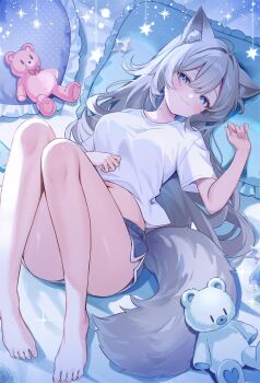 1girl :3 animal_ears aone_yuki barefoot blue_eyes breasts clothes_lift dolphin_shorts fang fang_out fox_ears fox_girl fox_tail grey_hair hand_on_own_stomach head_on_pillow highres indie_virtual_youtuber knees_together_feet_apart knees_up large_breasts long_hair looking_at_viewer lying navel on_back pillow second-party_source shirt shirt_lift short_sleeves shorts skin_fang smile star_(symbol) stomach stuffed_animal stuffed_toy suzumori_(su2525) tail teddy_bear virtual_youtuber white_shirt
