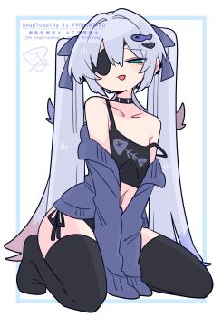 1boy bikini black_choker black_thighhighs blue_cardigan bow cardigan choker crop_top ear_piercing eyepatch fish_hair_ornament green_eyes grey_hair hair_bow hair_ornament hairclip highres looking_at_viewer multiple_hair_bows op_na_yarou open_cardigan open_clothes open_mouth original piercing print_tank_top rigel_(op_na_yarou) side-tie_bikini_bottom simple_background swimsuit tank_top thighhighs twintails