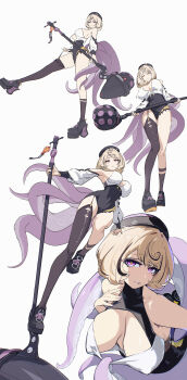 1girl absurdres beret black_hair black_hat black_leotard black_shoes black_thighhighs blonde_hair breasts cleavage closed_mouth hammer hat highres holding holding_hammer large_breasts leotard looking_at_viewer mole mole_under_mouth monster_girl multicolored_hair purple_eyes rimeye scylla shirt shoes short_hair sleeveless sleeveless_shirt smile solo streaked_hair tentacle_girl tentacles thighhighs white_shirt yidhari_murphy zenless_zone_zero