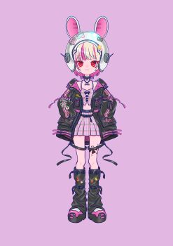 1girl 4_4dayo :3 animal_ears animal_helmet arm_belt bat_necklace belt belt_buckle black_belt black_collar black_jacket black_leg_warmers black_straps blunt_bangs blush buckle caution chain chain_necklace clothes_writing collar collarbone colored_inner_hair crop_top cross-laced_clothes cross-laced_top fake_animal_ears flame_print food_print fruit_print full_body grey_hair hands_in_pockets hashtag-only_commentary heart heart_print heart_sticker helmet highres jacket jewelry leg_belt leg_tattoo leg_warmers lightning_bolt_print looking_at_viewer loose_belt makaino_ririmu makaino_ririmu_(6th_costume) midriff miniskirt multicolored_hair multiple_belts navel necklace nijisanji o-ring o-ring_collar o-ring_thigh_strap open_clothes open_jacket pendant pink_belt pink_hair pink_jacket pink_shoes pink_skirt pink_streaks plaid_clothes plaid_skirt pleated_skirt pocket pointy_ears purple_background rabbit_ears red_eyes shoes short_hair simple_background skirt sleeves_past_fingers sleeves_past_wrists solo space_helmet spiked_collar spikes standing star_(symbol) star_sticker sticker straight-on strawberry_print streaked_hair studded_belt tattoo thigh_strap two-sided_fabric two-sided_jacket two-tone_hair unzipped virtual_youtuber white_helmet winged_heart winged_heart_tattoo wolf_cut