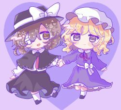Rule 34 | 2girls, black capelet, black footwear, black hat, black skirt, blonde hair, brown eyes, brown hair, capelet, chibi, closed mouth, collared dress, collared shirt, commentary, dress, frilled dress, frilled sleeves, frills, hair over one eye, happy, hat, heart, holding hands, long sleeves, maribel hearn, multiple girls, necktie, open mouth, puffy sleeves, purple dress, purple eyes, red necktie, ribbon-trimmed capelet, ribbon trim, sash, shirt, skirt, sleepwalk zzz, smile, socks, symbol-only commentary, touhou, usami renko, white hat, white sash, white shirt, white socks