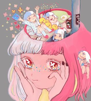 Rule 34 | + +, 5girls, antennae, arms up, bad id, bad pixiv id, barefoot, black hair, black nails, blue eyes, blunt bangs, blush, carton, closed eyes, drawstring, drink carton, drinking straw, eating, ebiebi, electrical outlet, full body, glasses, hairband, hands on own face, highres, holding, hood, hoodie, horns, instant cup noodles, instant noodles, ladder, medium hair, milk carton, multicolored hair, multiple girls, nail polish, no nose, octopus, off shoulder, open mouth, original, pink eyes, pink hair, pink shoes, portrait, red eyes, sheep, sheep horns, shoes, shorts, sitting, smile, socks, sparkle, split-color hair, squid, sticker, two-tone hair, white hair