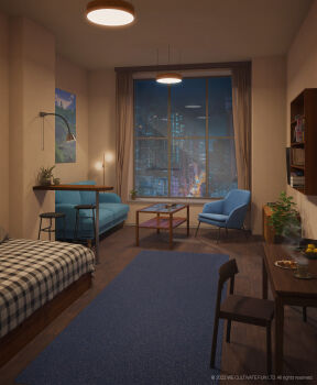 2022 3d artist_name bed blue_carpet book book_stack bookshelf bowl carpet ceiling ceiling_light chair cityscape couch cup food highres indoors interior living_room no_humans original plant plate potted_plant scenery smoke smoke_trail surafin table wall wall_lamp window wooden_chair wooden_table