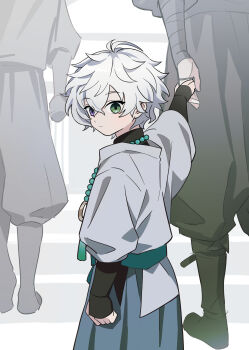 1boy 2others absurdres aged_down attsei black_shirt blue_pants commentary_request cowboy_shot facing_away green_eyes head_out_of_frame heterochromia highres holding_hands looking_back male_focus multiple_others murakumo_kagetsu nijisanji pants purple_eyes shirt short_hair sketch undershirt virtual_youtuber white_hair white_shirt