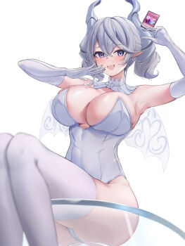 1girl absurdres against_glass armpits arms_up ass ass_on_glass ass_press blurry blush breasts card cleavage commentary_request crossed_bangs depth_of_field detached_collar duel_monster elbow_gloves from_below glass_table gloves grey_hair grey_leotard hair_between_eyes hands_up highres horns lady_labrynth_of_the_silver_castle large_breasts leotard looking_at_viewer lovely_labrynth_of_the_silver_castle neko_punch_(user_hddm3373) open_mouth playing_card pointy_ears purple_eyes revision short_twintails simple_background sitting sitting_on_table smile solo table thighhighs transparent_seat twintails white_background white_gloves wings yu-gi-oh!