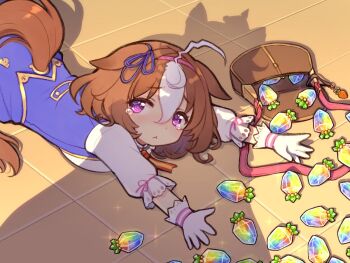 2girls ahoge animal_ears bag blue_dress blush bow breasts brown_hair carrot carrot_charm closed_mouth crown double-parted_bangs dress ear_ribbon fallen_down gloves hair_between_eyes hairband headband horse_ears horse_girl horse_tail large_breasts long_sleeves looking_at_viewer medium_hair meisho_doto_(turbulent_blue)_(umamusume) meisho_doto_(umamusume) melon-fox multicolored_hair multiple_girls on_floor pink_hairband pink_headband purple_eyes shadow shoulder_bag star_(symbol) t.m._opera_o_(o_sole_suo!)_(umamusume) t.m._opera_o_(umamusume) tail two-tone_hair umamusume white_dress white_gloves white_hair