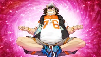Rule 34 | 1boy, black vest, blue shoes, brown hair, butterfly sitting, clenched teeth, drooling, fat, fat man, floating, fukuda tomonori, glasses, grey shorts, grin, hashida itaru, hat, highres, hood, hooded vest, hoodie, light particles, lotus position, meditation, mouth drool, mudra, non-web source, official art, opaque glasses, orange shirt, orange shorts, pervert, purple background, robotics;notes, robotics;notes dash, saliva, science adventure, shirt, shoelaces, shoes, shorts, sitting, smile, sneakers, solo, striped clothes, striped shirt, striped shorts, t-shirt, teeth, v-shaped eyebrows, vest, white shirt, wristband