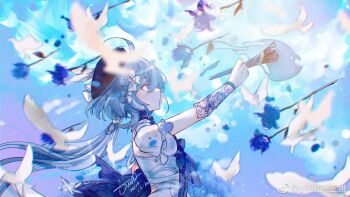 1girl beret bird blue_flower blue_rose blue_sky breasts commentary dated dove dress english_commentary flower griseo griseo_(starry_impression) hair_flower hair_ornament hat highres holding holding_paintbrush honkai_(series) honkai_impact_3rd long_hair otwd_2d paintbrush purple_eyes rose sky small_breasts solo very_long_hair white_dress