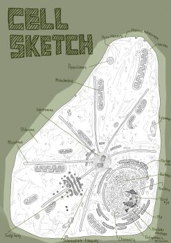 1girl absurdres cell cell_(biology) diagram english_text female_focus hat highres kiga3bon komeiji_koishi marukei_(kuramaruk) mini_person minigirl monochrome parody science short_hair sketch sun_hat touhou what