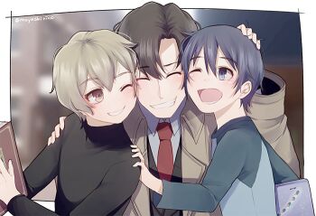 3boys black_sweater blue_hair boku_dake_ga_inai_machi book border brown_coat brown_hair cheek-to-cheek coat collared_shirt commentary_request fujinuma_satoru grey_hair grey_shirt grin hand_on_another's_head heads_together holding holding_book kobayashi_kenya monicanc multiple_boys necktie raglan_sleeves red_necktie shirt smile sweater turtleneck turtleneck_sweater white_border yashiro_gaku