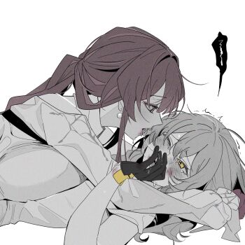 2girls blush commentary d0600059994959 earrings hashtag-only_commentary highres honkai:_star_rail honkai_(series) jewelry kafka_(honkai:_star_rail) long_hair multiple_girls one_eye_closed ponytail saliva sphere_earrings stelle_(honkai:_star_rail) tongue trailblazer_(honkai:_star_rail) yellow_eyes yuri