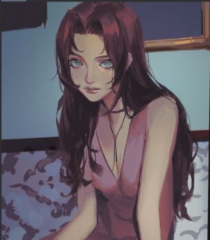 Rule 34 | 1girl, aerith gainsborough, bare shoulders, breasts, brown hair, choker, cleavage, closed mouth, curtained hair, dress, final fantasy, final fantasy vii, final fantasy vii rebirth, final fantasy vii remake, flower choker, green eyes, indoors, long hair, looking at viewer, lyrah, medium breasts, parted bangs, picture frame, pink dress, sleeveless, sleeveless dress, solo, upper body