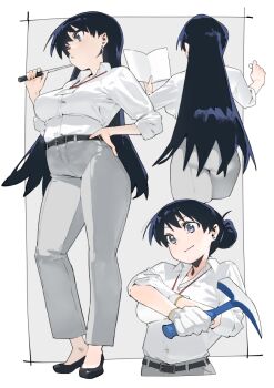 1girl arato_nagi belt black_belt black_hair black_shoes book border breasts collared_shirt commentary dress_shirt earrings gloves grey_background grey_pants hair_bun hair_up hammer hand_on_own_hip holding holding_book jewelry lanyard large_breasts long_hair long_sleeves mi8pq multiple_views open_book outside_border pants ruri_no_houseki shirt shoes simple_background sleeves_rolled_up stud_earrings very_long_hair white_border white_gloves white_shirt wing_collar