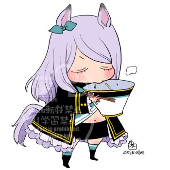 Rule 34 | 1girl, animal ears, black boots, black coat, black skirt, blue bow, blue socks, blush, boots, bow, bowl, chibi, chibi only, chopsticks, closed eyes, closed mouth, coat, ear bow, food, frilled sleeves, frills, full body, holding, holding bowl, holding chopsticks, horse ears, horse girl, horse tail, long hair, mejiro mcqueen (umamusume), noodles, onikobe rin, purple hair, ramen, simple background, skirt, socks, solo, swept bangs, tail, umamusume, white background