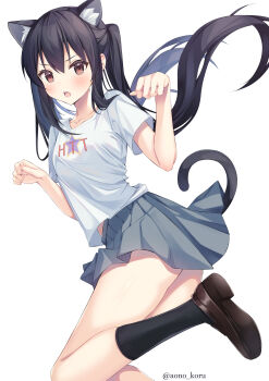 1girl animal_ear_fluff animal_ear_hairband animal_ears aonu_koru black_hair black_socks blush brown_eyes brown_shoes cat_ears cat_tail collarbone commentary_request fake_animal_ears fake_tail floating_hair foot_out_of_frame frown grey_skirt hair_between_eyes hairband hands_up highres k-on! kneehighs loafers long_hair miniskirt nakano_azusa open_mouth paw_pose pleated_skirt shirt shoe_soles shoes short_sleeves sidelocks skirt socks solo standing standing_on_one_leg t-shirt tail teeth thighs twintails twitter_username upper_teeth_only v-shaped_eyebrows very_long_hair white_shirt