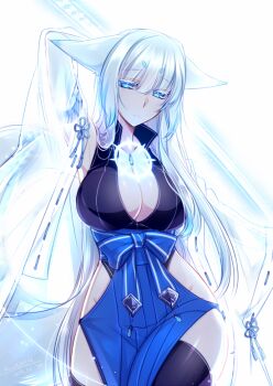 Rule 34 | 1girl, animal ears, blue eyes, breasts, cleavage, curvy, female focus, fox, fox ears, fox tail, konshin, long hair, no panties, orie mishiro, original, solo, tail, thighhighs, white hair, wide hips