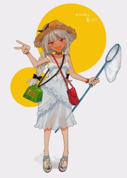 1girl 9tan bag bare_shoulders belt_collar black_bow black_ribbon blunt_bangs blush bow bracelet braid breasts bug_cage butterfly_net cleavage collar collarbone commentary dress fang full_body grey_hair hair_ribbon hand_net hand_up handbag hashtag-only_commentary hat hat_bow highres holding holding_butterfly_net jewelry lace_trim long_hair looking_at_viewer low_twin_braids makaino_ririmu makaino_ririmu_(3rd_costume) multicolored_hair nijisanji no_socks open_mouth platform_sandals pointy_ears red_bag red_collar red_eyes red_streaks ribbon sandals see-through_clothes see-through_skirt shoulder_bag sidelocks skirt sleeveless sleeveless_dress smile solo standing strap_slip straw_hat streaked_hair sundress twin_braids two-tone_hair v virtual_youtuber white_background white_dress