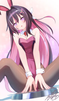 1girl absurdres alternate_costume animal_ears azki_(hololive) bare_arms bare_shoulders black_pantyhose blurry blush bokeh braid breasts brown_hair brown_pantyhose colored_inner_hair commentary covered_navel depth_of_field detached_collar feet_out_of_frame gradient_background hair_intakes hair_ornament hairclip half_up_braid highleg highleg_leotard highres hololive leotard long_hair looking_at_viewer medium_breasts mille mole mole_under_eye multicolored_hair multicolored_leotard pantyhose parted_lips pink_background pink_hair pink_leotard pink_streaks playboy_bunny purple_eyes rabbit_ears signature solo spread_legs triangle_mouth two-tone_leotard very_long_hair virtual_youtuber white_streaks wing_collar