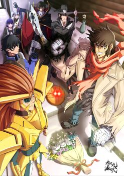 2girls absurdres alternate_universe bouquet code_geass crossover flower getter_robo grin gun gundam gunxsword haro hat highres holding holding_gun holding_weapon hoshino_ai hoshino_ruri knife lelouch_vi_britannia multiple_boys multiple_girls nagare_ryoma oshi_no_ko scarf setsuna_f._seiei shishiou_gai sideburns smile tsukumogenji van_(gunxsword) weapon yuusha_ou_gaogaigar yuusha_series