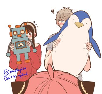 1boy 1girl anya_(spy_x_family) bare_shoulders black_hair blush breasts child commentary dress earrings green_eyes hairband hairpods highres holding husband_and_wife jewelry large_breasts long_hair long_sleeves looking_at_viewer pink_hair red_eyes red_sweater shirt sidelocks spy_x_family sweater symbol-only_commentary tori_(runrunpiia) twilight_(spy_x_family) white_hairband yor_briar