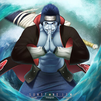 Rule 34 | 1boy, abs, akatsuki uniform, artist name, black eyes, black hair, blue hair, blue skin, colored skin, commentary, deviantart username, english commentary, forehead protector, gills, hoshigaki kisame, instagram username, jembrown (sunstonejem), jewelry, kirigakure symbol, looking at viewer, male focus, naruto (classic), naruto (series), ninja, open clothes, ring, samehada (naruto), short hair, smile, solo, spiked hair, sword, teeth, tumblr username, water, weapon, weapon on back