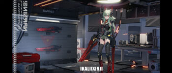 1girl absurdres arm_guards armor armored_boots armored_leotard armpit_cutout armpits bad_id bad_pixiv_id blush boots breasts cable clothing_cutout commentary computer crt desk energy_gun english_text gauntlets glowing glowing_lines green_hair headgear highres knee_boots knee_guards leotard light long_hair looking_at_viewer machinery medium_breasts messy_hair monitor original plug power_armor red_eyes shoulder_spikes sideboob sign smile solo spikes thighhighs thighs warning_sign weapon yigali_xinji