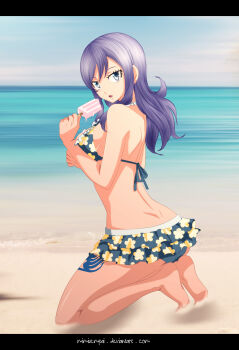 1girl armpits ass back back-tie_bikini barefoot beach bikini bikini_skirt blue_hair breasts clenched_hands collarbone curvy dark_blue_bikini day deviantart_username dimples_of_venus eyelashes fairy_tail feet female_focus fingernails floral_print food frilled_bikini frills from_side full_body hair_between_eyes hands_up highres holding holding_food juvia_lockser kneeling large_breasts leg_tattoo legs long_hair looking_at_viewer mashima_hiro navel neck ocean open_mouth outdoors print_bikini recolor reference_work shiny_clothes shiny_skin shoulder_blades sideboob sidelocks sky soles solo summer sunlight swimsuit tattoo thighs tiptoes toenails toes turning_head wavy_hair