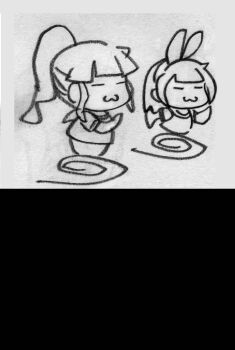 2girls buruma chibi closed_eyes hair_ribbon highres legs long_hair monochrome multiple_girls nakoruru original ponytail ribbon running samurai_spirits shirt sketch smile snk sports_uniform the_king_of_fighters thighs traditional_media