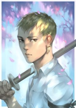 1boy border brown_eyes closed_mouth collared_shirt commentary earrings english_commentary green_hair holding holding_sword holding_weapon jewelry looking_at_viewer lydialing_draws male_focus nose one_piece outside_border petals realistic roronoa_zoro shirt short_hair solo sword upper_body weapon white_border white_shirt