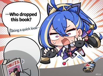 1girl 1other ahoge black_gloves black_jacket black_shorts blonde_hair blue_hair blush candy chibi chibi_only chupa_chups commentary crop_top embarrassed emphasis_lines english_commentary english_text fingerless_gloves food gloves hair_between_eyes half-skirt halftone halftone_background high_ponytail jacket jacket_on_shoulders jumping lollipop long_hair lunging manga_(object) minova_(stella_sora) motion_lines nako775 navel nervous_sweating nose_blush official_art open_mouth pink_eyes ponytail purple_skirt reading red_thighhighs short_shorts shorts skateboard skirt speech_bubble stella_sora sweat thighhighs very_long_hair