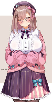 1girl absurdres alternate_breast_size_(larger) beret black-framed_eyewear black_hat black_pantyhose blue_eyes blush breasts brown_hair cardigan center_frills choco_tanuki closed_mouth frills glasses hat highres large_breasts looking_at_viewer medium_hair nijisanji pantyhose pink_cardigan purple_skirt shirt skirt sleeves_past_fingers sleeves_past_wrists smile solo suzuhara_lulu suzuhara_lulu_(1st_costume) virtual_youtuber white_shirt
