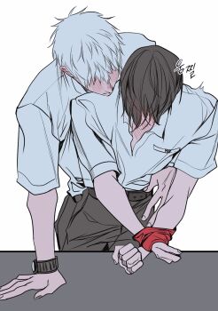 2boys arm_around_waist black_hair black_pants blush bound bound_wrists collared_shirt hair_between_eyes highres hikaru_ga_shinda_natsu indou_hikaru leaning_forward male_focus memon0te multiple_boys pants shirt short_hair short_sleeves tsujinaka_yoshiki upper_body watch white_background white_hair white_shirt wristwatch yaoi