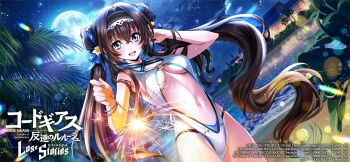 1girl beach black_hair blue_eyes breasts code_geass code_geass:_lost_stories highres long_hair maya_disel navel night official_art palm_tree sky solo swimsuit tree twintails underboob water