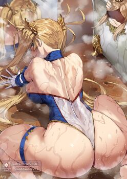 1girl all_fours artist_name ass backboob bare_shoulders bent_over blonde_hair blue_leotard blush bradamante_(fate) breasts club3 fate/grand_order fate_(series) from_behind gloves hair_ornament hanging_breasts huge_ass large_breasts leotard looking_at_viewer looking_back mirror smile sweat nervous_sweating thigh_strap twintails viy_(fate) water_drop wet white_gloves