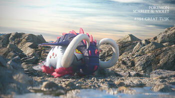 3d animal_focus artist_name celebi350300687 character_name cinema_4d_(medium) cloud cloudy_sky copyright_name full_body great_tusk highres nintendo no_humans open_mouth outdoors pokedex_number pokemon pokemon_(creature) pokemon_focus red_fur rock sky tusks yellow_eyes