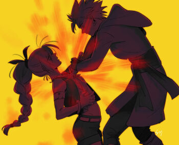 1boy 1girl armlet belt bow bracelet braid braided_ponytail broken_necklace brother_and_sister camus_(dq11) clenched_teeth commentary_request cropped_shirt crying crying_with_eyes_open dragon_quest dragon_quest_xi earrings floating_clothes floating_hair hair_bow high_braided_ponytail hip_bones holding holding_knife hoop_earrings jewelry kamei_(yokoshima-ko) knife limited_palette maya_(dq11) open_mouth pants profile sash scene_reference short_hair shorts siblings single_bang spiked_hair spoilers stab tears teeth tunic vest yellow_background