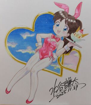 1girl animal_ears bare_shoulders blue_eyes blue_sky bow bowtie breasts brown_hair character-themed_food cleavage cloud commentary_request dated detached_collar dutch_angle fake_animal_ears fake_tail food full_body genji_tsuushin_agedama hand_on_own_hip hand_up heart heike_ibuki highres holding holding_tray ice_cream knees_together_feet_apart leotard long_hair looking_at_viewer mizutani_kenta open_mouth pantyhose pink_bow pink_bowtie pink_leotard pink_shoes playboy_bunny ponytail rabbit_ears rabbit_tail shoes side-tie_leotard signature sky small_breasts smile solo standing strapless strapless_leotard tail teeth traditional_media tray upper_teeth_only warpro_(genji_tsuushin_agedama) white_pantyhose wrist_cuffs