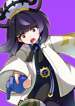 1girl :o belt belt_buckle black_dress black_eyes black_hair black_pantyhose blunt_bangs buckle coat dress dropped_object dropping gloves gwynn_(pokemon) hat highres long_sleeves meta-g_(curc8737) nest_ball nintendo o-ring o-ring_belt open_clothes open_coat open_mouth outline pantyhose partially_fingerless_gloves pokemon pokemon_legends:_z-a purple_dress short_hair solo teeth upper_teeth_only white_coat white_outline