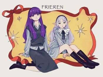 Rule 34 | 2girls, black boots, black hairband, blunt bangs, boots, border, breasts, closed mouth, collared dress, collared shirt, commentary request, copyright name, dress, earrings, elf, fern (sousou no frieren), frieren, full body, green eyes, grey hair, grey skirt, grey vest, hairband, highres, jewelry, kneehighs, long hair, medium breasts, multiple girls, onka (aun ka28), parted bangs, parted lips, pointy ears, purple eyes, purple hair, red ribbon, ribbon, shirt, sidelocks, sitting, skirt, smile, socks, sousou no frieren, striped clothes, striped dress, striped shirt, vest, white border, yellow background