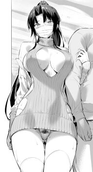 1boy 1girl breasts breasts_out highres hiiragi_yuuichi large_breasts long_hair mask monochrome original ponytail pubic_hair thighs thong virgin_killer_sweater