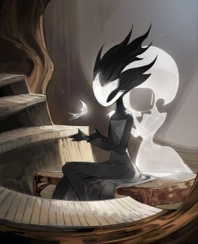 Rule 34 | 1girl, 1other, arthropod girl, black hair, black skin, bodysuit, broken mask, brown dress, closed eyes, colored skin, darkdog, dress, floating hair, grey dress, hashtag-only commentary, highres, hollow knight, hollow knight: silksong, instrument, lace (hollow knight), mask, organ (instrument), phantom (hollow knight), piano bench, pipe organ, sitting, wavy hair, white bodysuit, white eyes, white mask