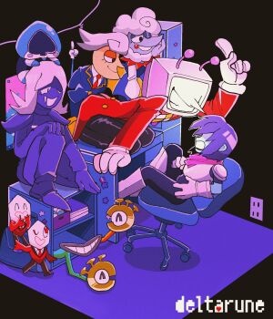 ant_tenna crt deltarune elnina_(deltarune) gloves highres kris_(dark_world)_(deltarune) kris_(deltarune) lancer_(deltarune) lanino_(deltarune) necktie object_head pants pippins_(deltarune) pointy_nose rouxls_kaard shio_tou shuttah_(deltarune) surprised tailcoat television utdr_(toby_fox) white_gloves yellow_necktie