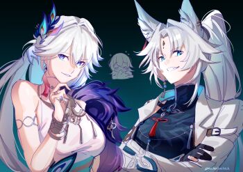 3girls bare_shoulders blue_eyes breasts coat commentary dress feixiao_(honkai:_star_rail) grin hair_ornament highres honkai:_star_rail honkai_(series) long_hair looking_at_viewer mscheckacheck multiple_girls open_clothes open_coat sleeveless sleeveless_dress small_breasts smile stelle_(honkai:_star_rail) trailblazer_(honkai:_star_rail) very_long_hair white_coat white_dress white_hair yao_guang_(honkai:_star_rail)