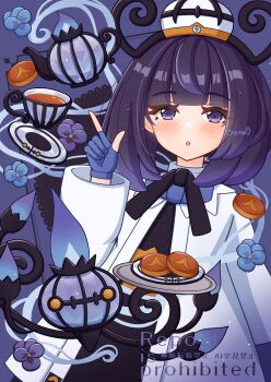 1girl :o absurdres black_dress black_hair black_ribbon blunt_bangs blush chandelure chaton_(chatoncerisier) coat commentary_request cup dress eyelashes flower food gen_5_pokemon gloves grey_eyes gwynn_(pokemon) hand_up hat highres long_sleeves neck_ribbon nintendo open_clothes open_coat partially_fingerless_gloves plate pokemon pokemon_(creature) pokemon_legends:_z-a ribbon saucer teacup teapot watermark