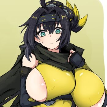 1girl ahoge alternate_breast_size_(larger) areola_slip arm_under_breasts black_hair blonde_hair breasts duel_monster elbow_gloves fingerless_gloves forehead_protector gloves green_eyes highres huge_breasts long_hair multicolored_hair ponytail s-force_rappa_chiyomaru s:p_little_knight scarf sideboob sleeveless solo tkool_man yu-gi-oh!