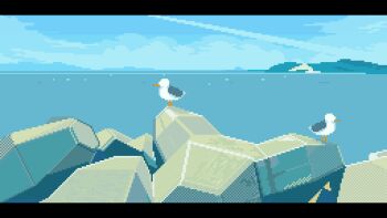 animated animated_gif bird blue_sky day dithering letterboxed looping_animation mountainous_horizon no_humans ocean original pixel_art rock seagull sky sotie water waves