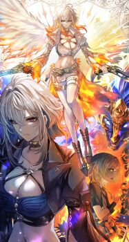 1girl absurdres age_progression ahoge black_jacket blue_bra bra breasts chimera_(wuthering_waves) cleavage closed_mouth collarbone colored_tips commentary_request cropped_jacket dual_wielding galbrena_(wuthering_waves) gold_choker gun hair_between_eyes hair_intakes highres holding holding_gun holding_weapon jacket medium_breasts medium_hair mole mole_on_neck multicolored_hair navel official_alternate_color orange_eyes pantyhose purple_eyes shorts sidelocks stomach tacet_discord_(wuthering_waves) thigh_strap underwear weapon white_bra white_hair white_jacket white_pantyhose white_shorts wuthering_waves yellow_eyes yoru_shiki