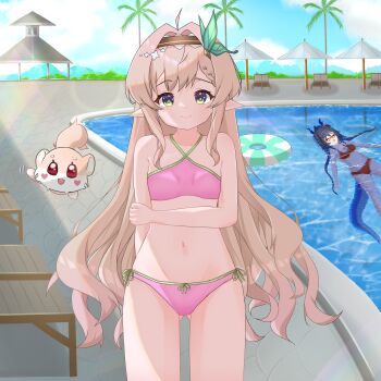 2girls ahoge bikini bow breasts closed_mouth commission dragon_girl dragon_horns dragon_tail flower flower_pot green_eyes hair_ornament highres hisui_hotaru horns knee_up knees_up kyoichi long_hair looking_at_viewer multiple_girls outdoors pink_bikini pointy_ears pool ribbon sansha_safaia small_breasts smile squirrel swimsuit table tail takara_live virtual_youtuber water