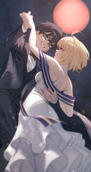 1boy 1girl archetype_earth arcueid_brunestud bare_shoulders black_eyes black_hair black_jacket black_pants black_suit blonde_hair breasts chorogon commentary_request commission couple dancing dress formal_clothes glasses highres holding_hands jacket moon pants parted_lips pixiv_commission red_eyes red_moon short_hair smile strapless strapless_dress suit tohno_shiki tsukihime tsukihime_(remake) white_dress